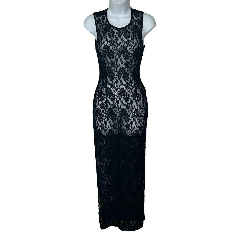 Black Lace Maxi Dress XS Vtg Bebe Overlay Witchy Whimsigoth Y2K Slits Zipper